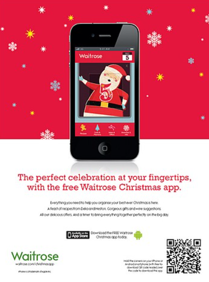 Santa on phone promoting Waitrose Christmas App